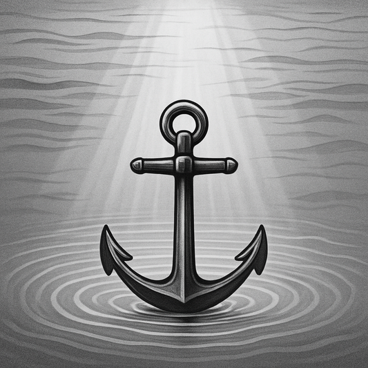 Black and white illustration of a large anchor resting calmly on the ocean floor with gentle ripples around it and soft light rays shining from above, symbolizing peace and stability in changing waters.