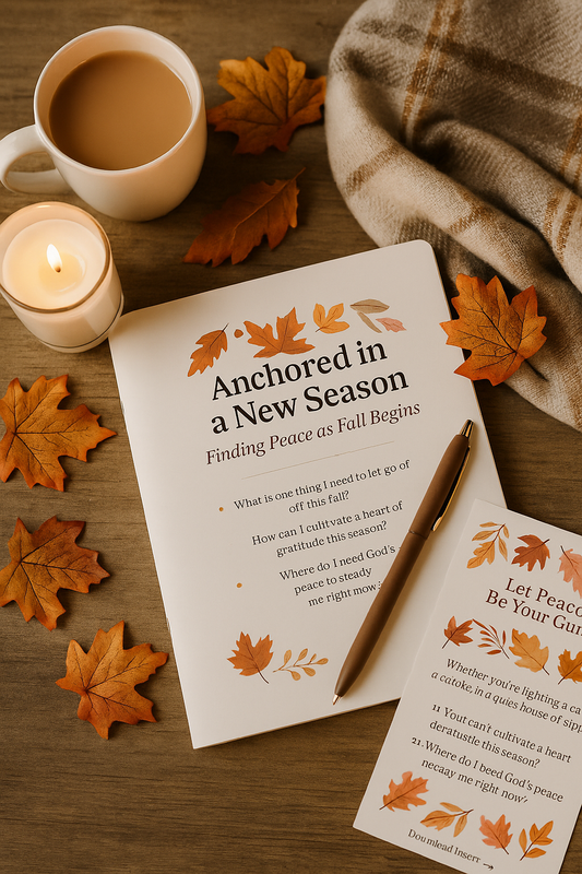 Flat lay of an open fall devotional journal with a pen, autumn leaves, a cozy plaid scarf, and a mug of tea on a rustic wooden table.