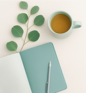 Flat lay of a teal journal with a pen, a green cup of tea, and a eucalyptus branch on a light background – a peaceful workspace setting.