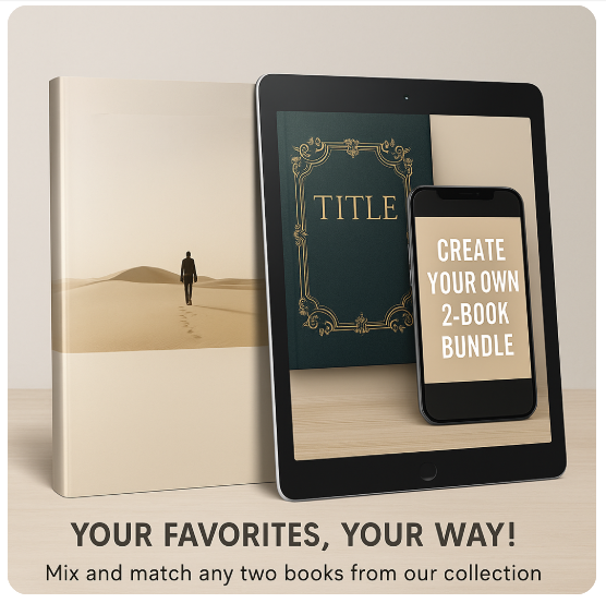 Promotional image for creating your own 2-book bundle, featuring two hardcover books, a tablet, and a smartphone displaying the text "Create Your Own 2-Book Bundle" with the tagline "Your Favorites, Your Way."