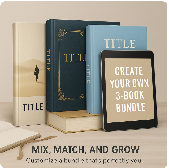 Promotional image for creating your own 3-book bundle, showing a stylish arrangement of hardcover books and a tablet with the text "Create Your Own 3-Book Bundle," encouraging customizable reading collections.