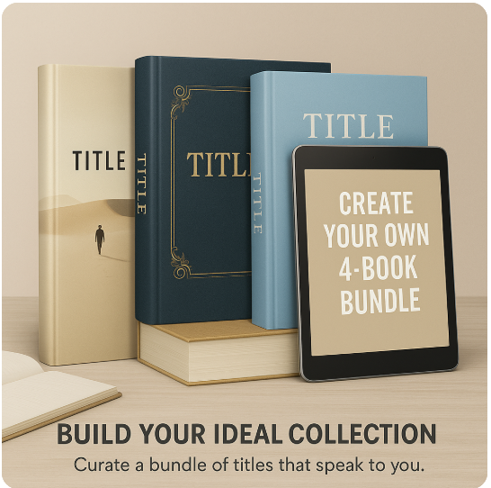 Promotional image for creating your own 4-book bundle, featuring a curated display of hardcover books alongside a tablet with the text "Create Your Own 4-Book Bundle" and the tagline "Build Your Ideal Collection."