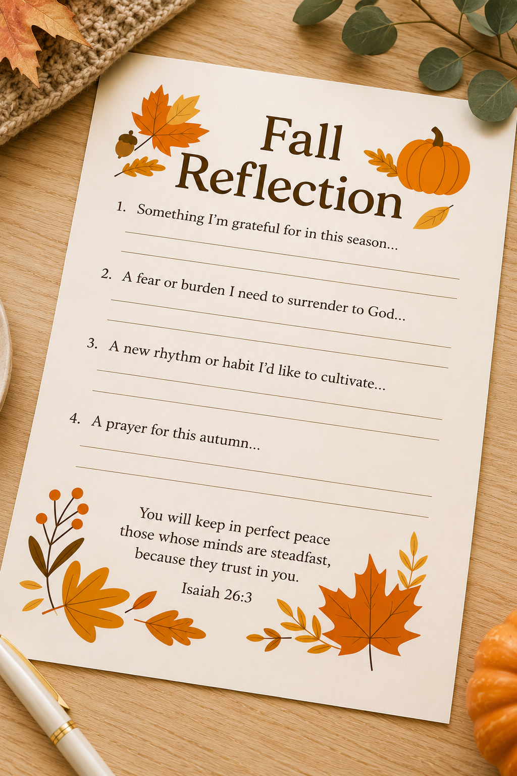 Close-up of the Fall Reflection Christian journal printable featuring guided prompts for gratitude, surrender, new habits, and prayer with Isaiah 26:3 and autumn accents.
