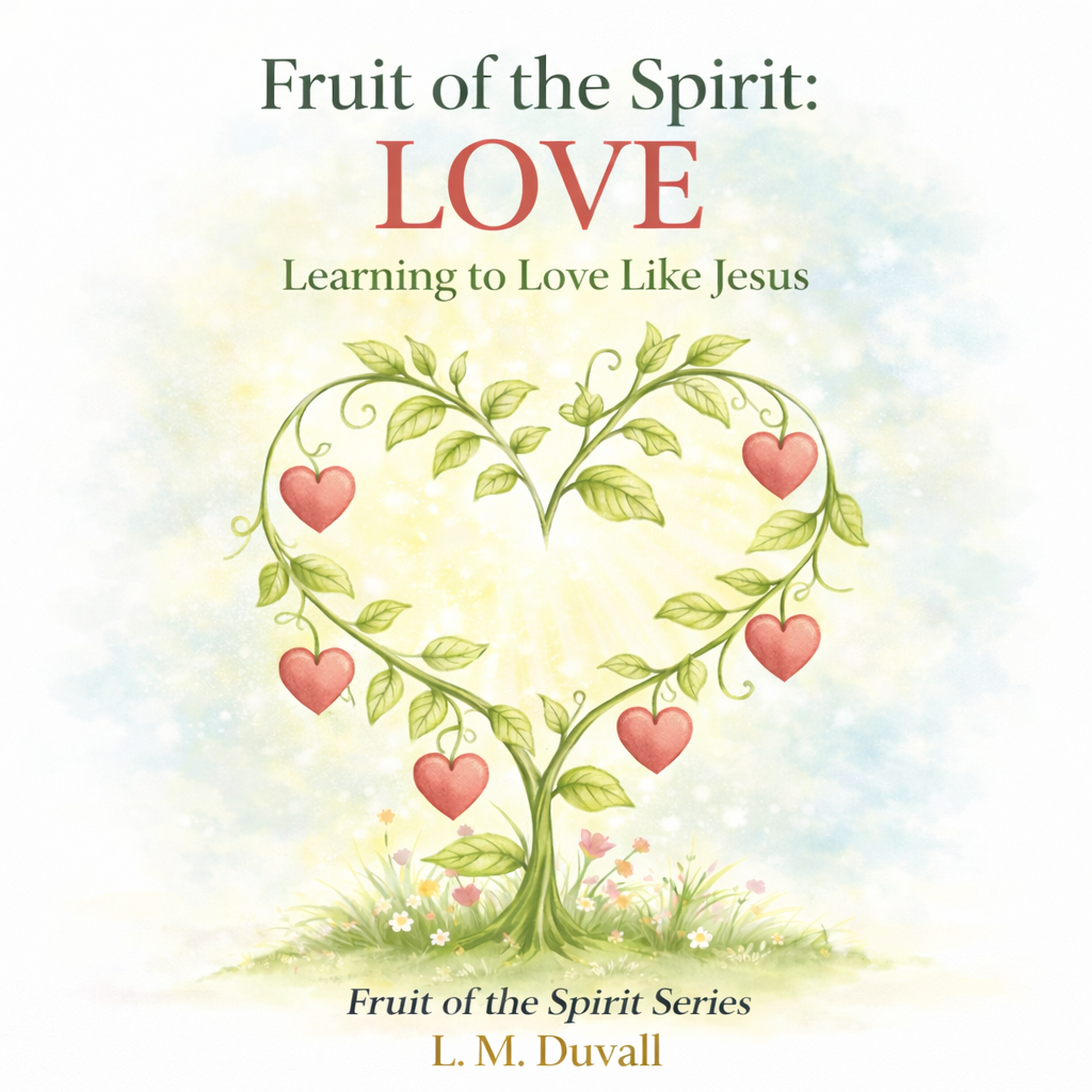 Cover of Fruit of the Spirit: Love, a children’s faith activity book featuring a heart-shaped vine tree with red fruit and soft watercolor background.