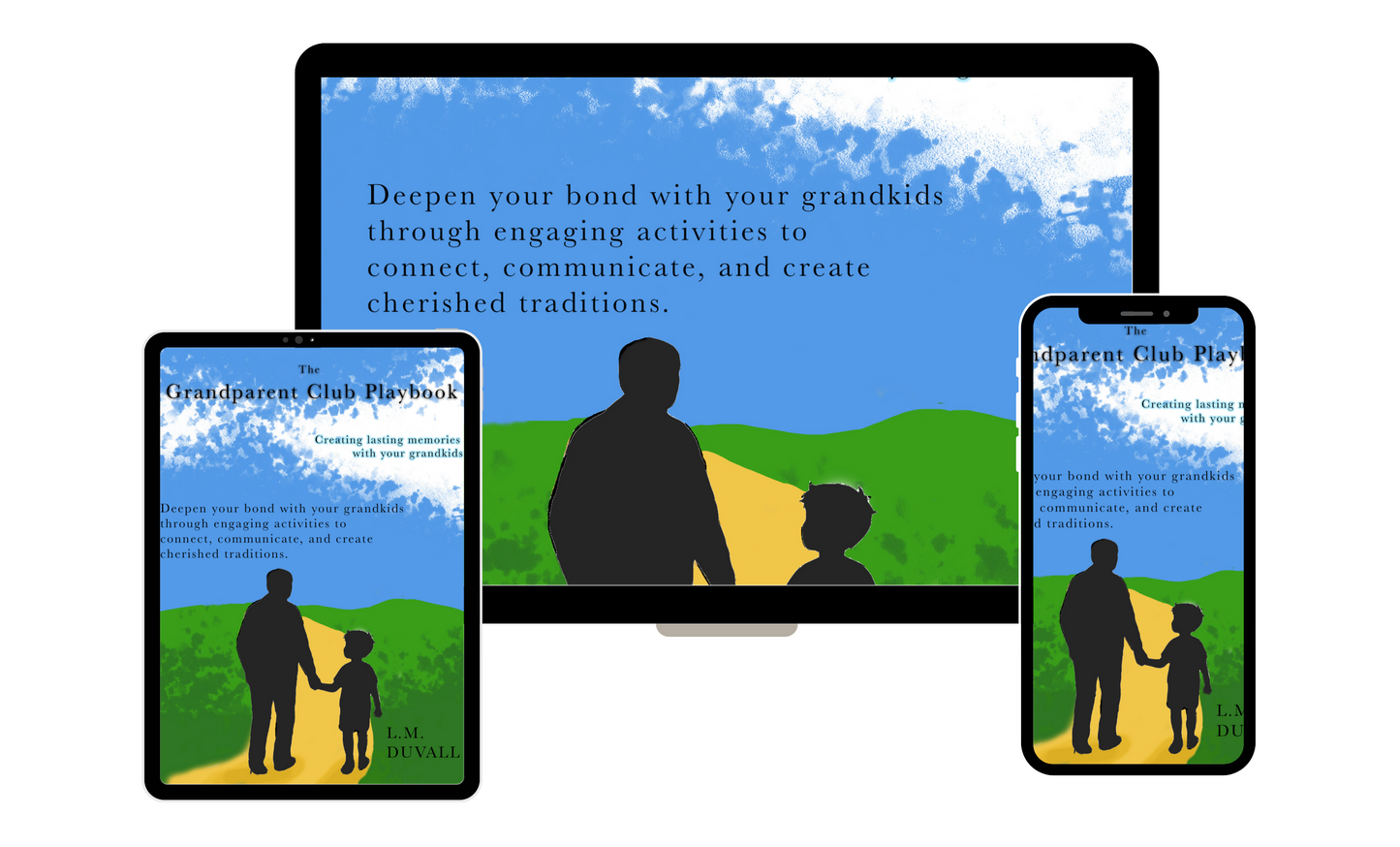 Silhouette of a family on a digital device screen with text about connecting with grandchildren.