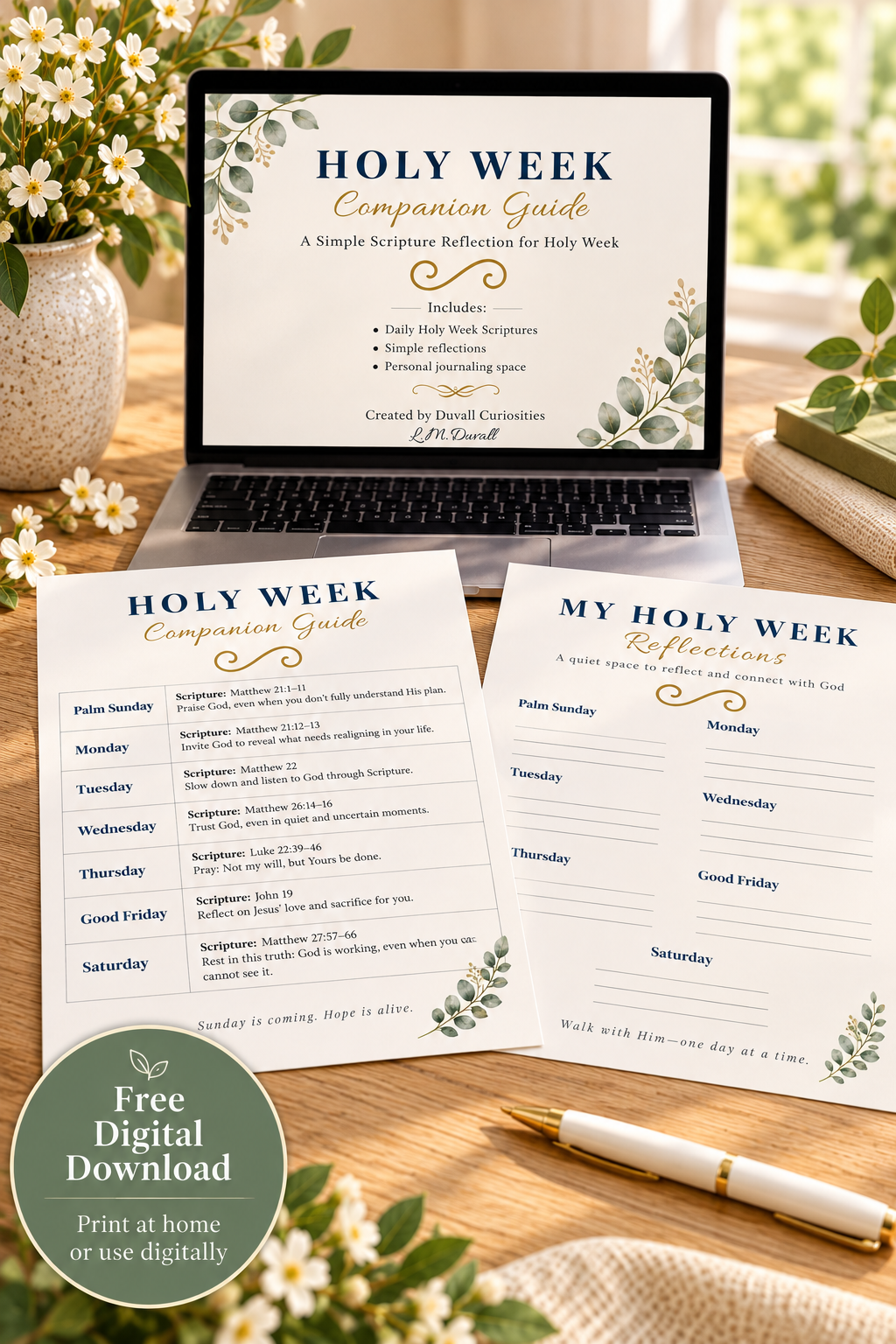 Holy Week Companion Guide free digital download shown on a laptop with printable Scripture and reflection pages for Holy Week.