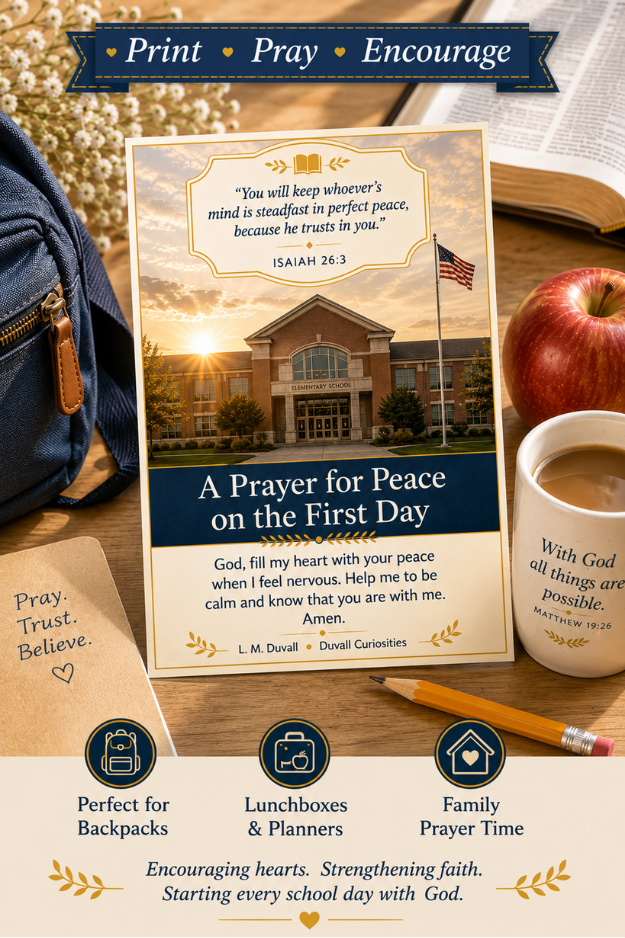 Christian Back-to-School prayer card for the first day of school with Isaiah 26:3 and printable classroom encouragement.