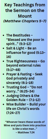 Back of Lessons from the Mountainside bookmark featuring key teachings from the Sermon on the Mount in Matthew chapters 5–7, including the Beatitudes, Salt & Light, Prayer & Fasting, the Golden Rule, and a quote from Matthew 7:24.