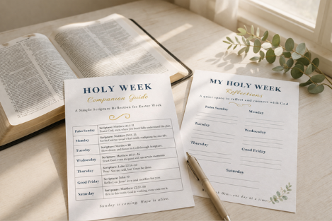 Lifestyle image showing Holy Week Companion Guide printable with Bible, coffee, and journaling pages in a peaceful morning setting