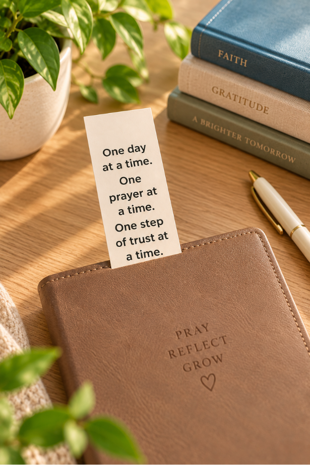 One Day at a Time Christian encouragement bookmark tucked inside a prayer journal on a warm wooden table.