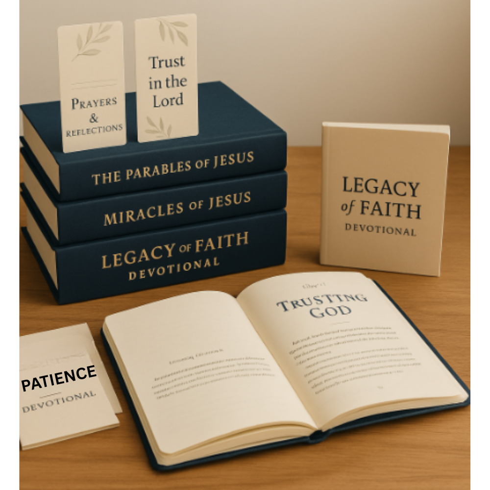 Stack of Christian devotionals including “The Parables of Jesus,” “Miracles of Jesus,” and “Legacy of Faith,” with bookmarks and open pages featuring “Trusting God” and “Patience” devotionals.