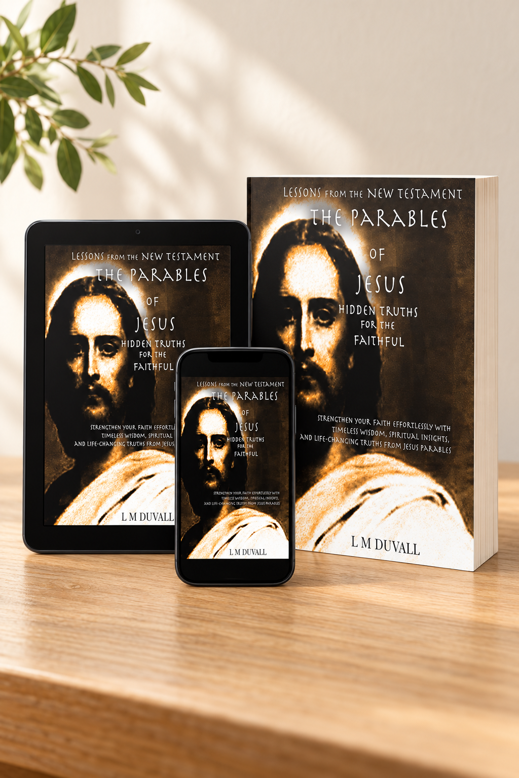 The Parables of Jesus displayed as a paperback, tablet eBook, and phone eBook on a light oak table with subtle greenery.