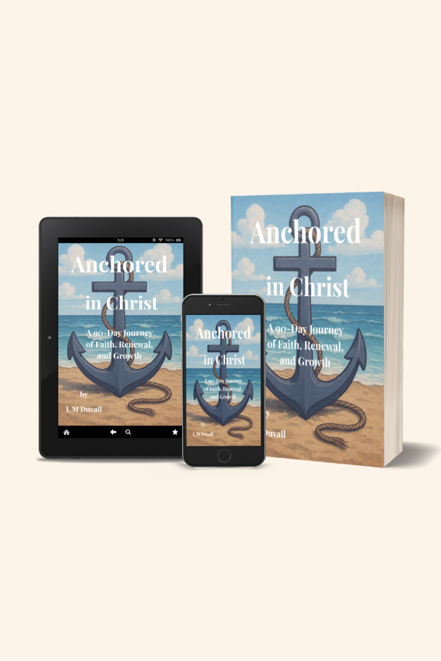 Anchored in Christ shown as a paperback and digital eBook on a tablet and smartphone