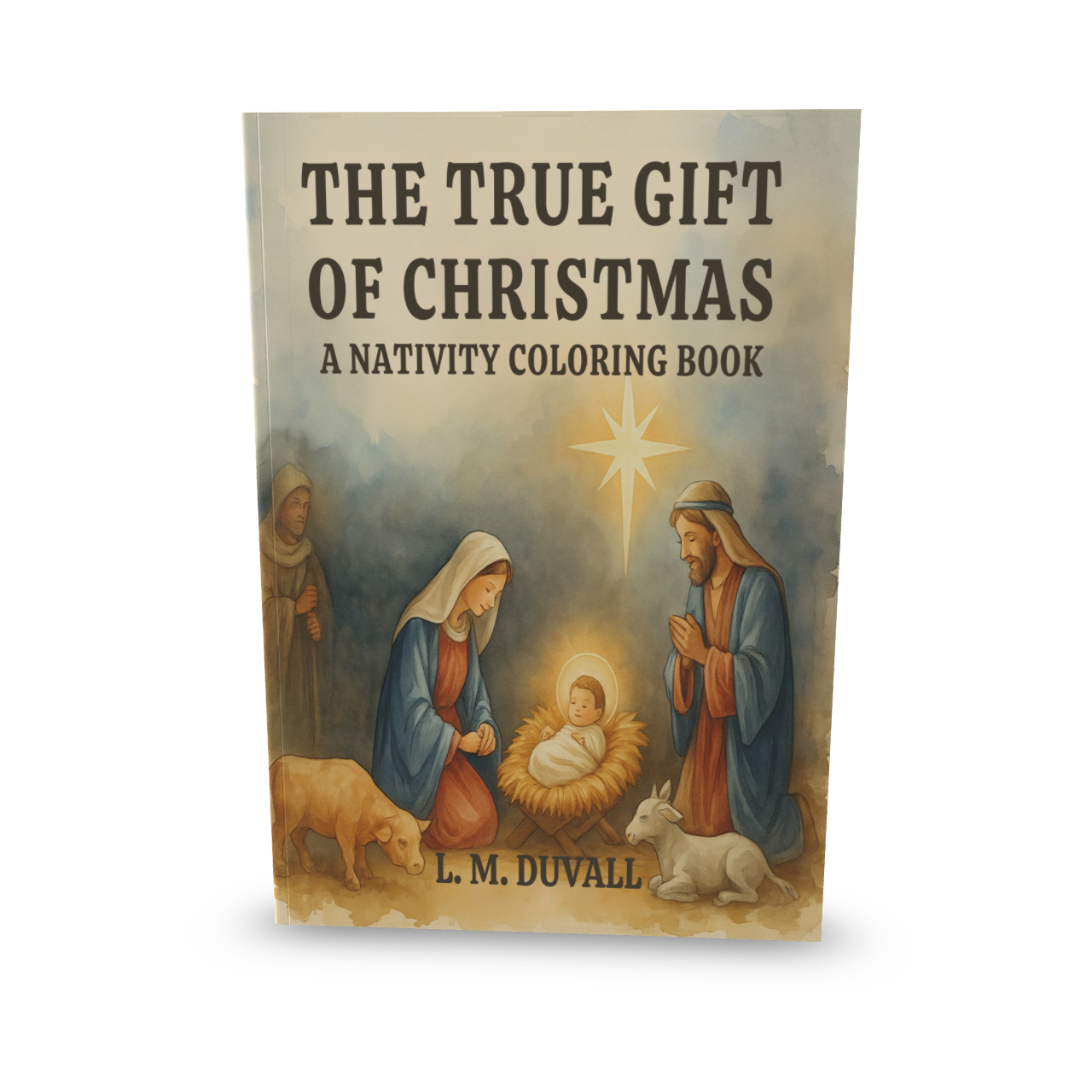 Nativity coloring book with cover illustration and text on a white background
