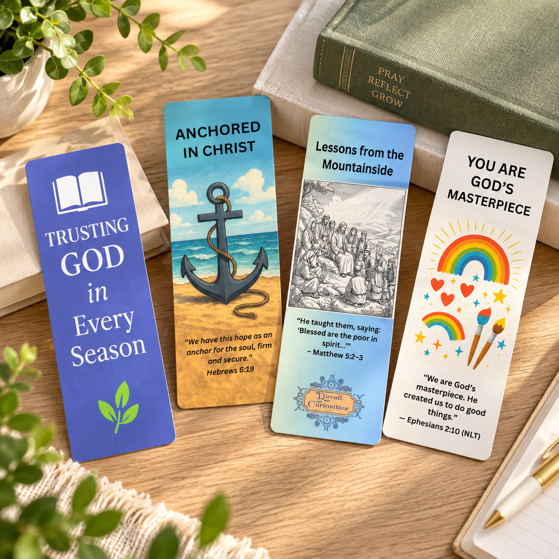 Four Christian Scripture bookmarks from Duvall Curiosities displayed on a light wood table, featuring Trusting God in Every Season, Anchored in Christ, Lessons from the Mountainside, and You Are God’s Masterpiece.