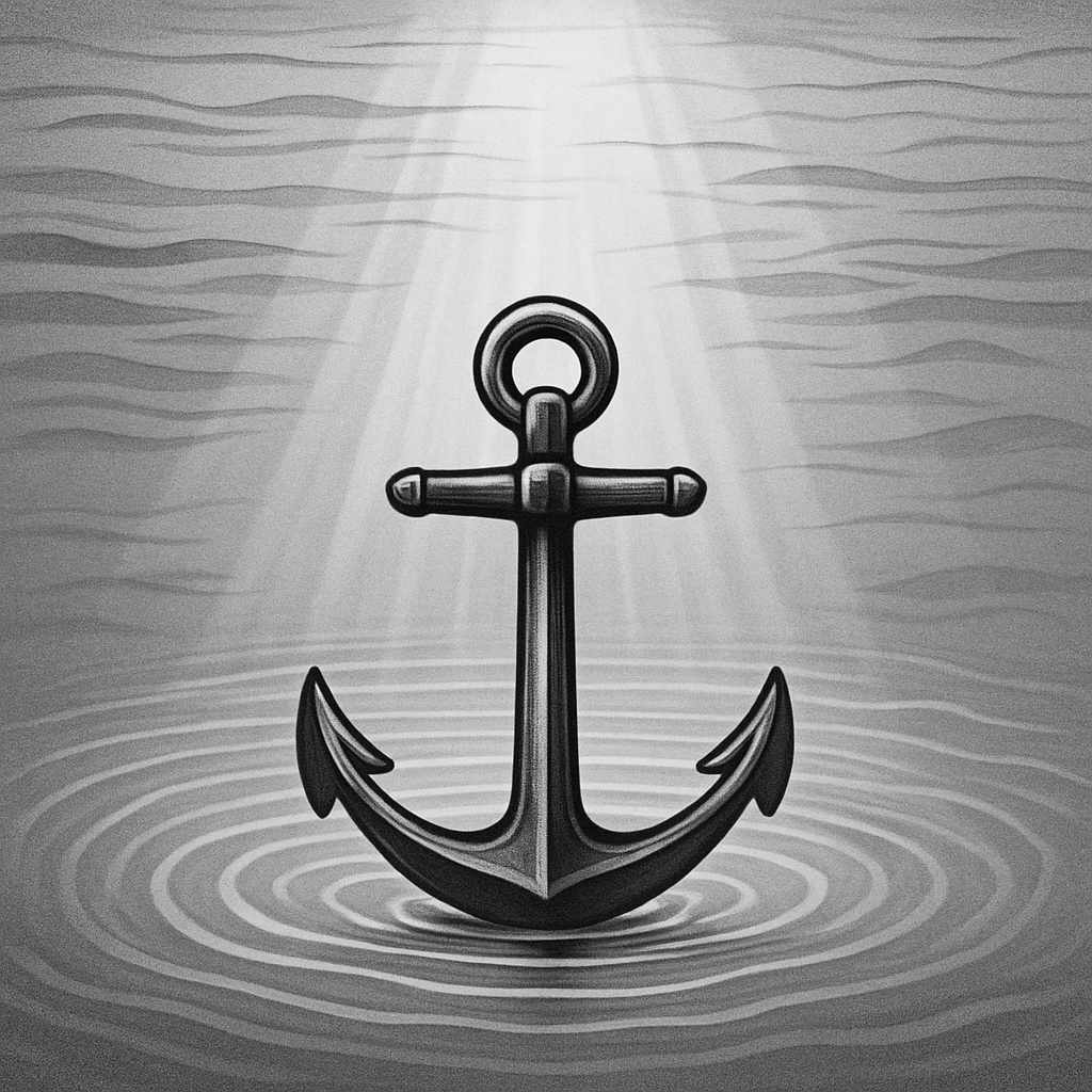 Black and white illustration of a large anchor resting calmly on the ocean floor with gentle ripples around it and soft light rays shining from above, symbolizing peace and stability in changing waters.