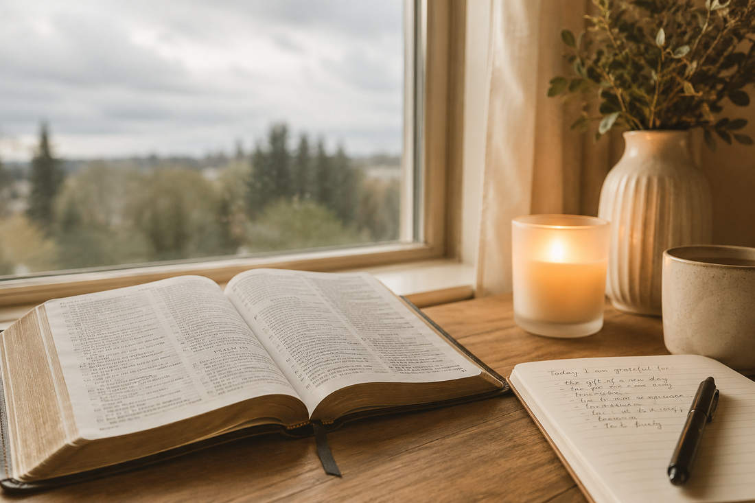 Open Bible, journal, and glowing candle beside a window on a cloudy morning, creating a peaceful Christian devotional setting.