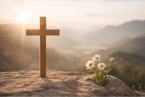 Wooden cross on a rock at sunrise with soft light and flowers, symbolizing hope and new life through Jesus