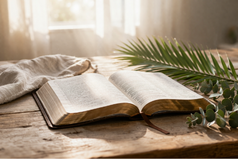 Open Bible with soft natural light and greenery, representing a peaceful Holy Week reflection setting.