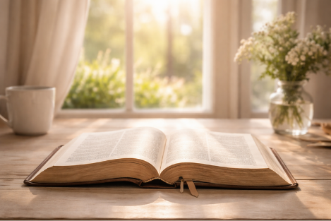 Open Bible in spring morning light representing Christian encouragement and trusting God in transition seasons.