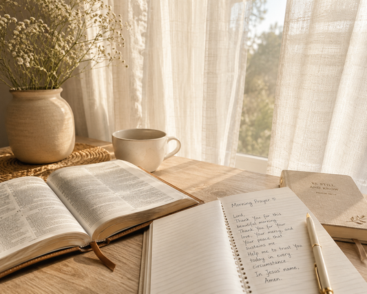 Open Bible and handwritten prayer journal beside soft morning light through sheer curtains, creating a peaceful and calming atmosphere.