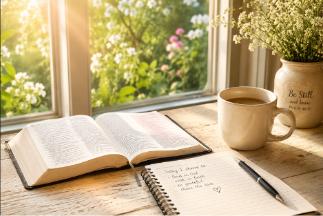 Open Bible, journal, and coffee cup on a light wooden table beside a sunlit window with green summer foliage outside, creating a peaceful Christian devotional setting.