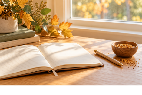 Open journal with mustard seeds and autumn leaves on a sunlit wooden table, reflecting on the parables of Jesus.