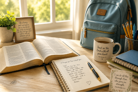 Open Bible, prayer journal, backpack, and school supplies on a sunlit desk, symbolizing trusting God and praying for the new school year.