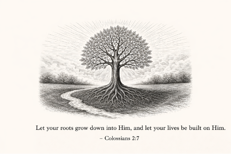 Black and white Christian artwork of a rooted tree with deep roots and radiant light, featuring Colossians 2:7 scripture about being rooted and built up in Christ.