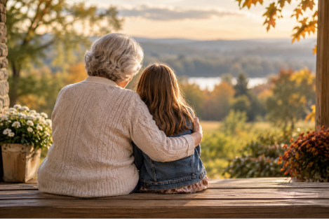 Grandmother and granddaughter sitting together on a porch overlooking a peaceful autumn landscape, reflecting a lasting legacy of faith.
