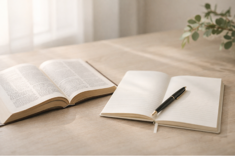 Simple daily devotional setup with open Bible, journal, and pen in soft morning light for Christian quiet time