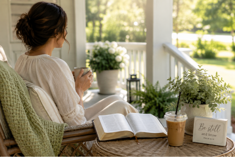 Woman sitting on a peaceful porch in soft morning light with an open Bible and iced coffee nearby, reflecting during a quiet summer devotional time.