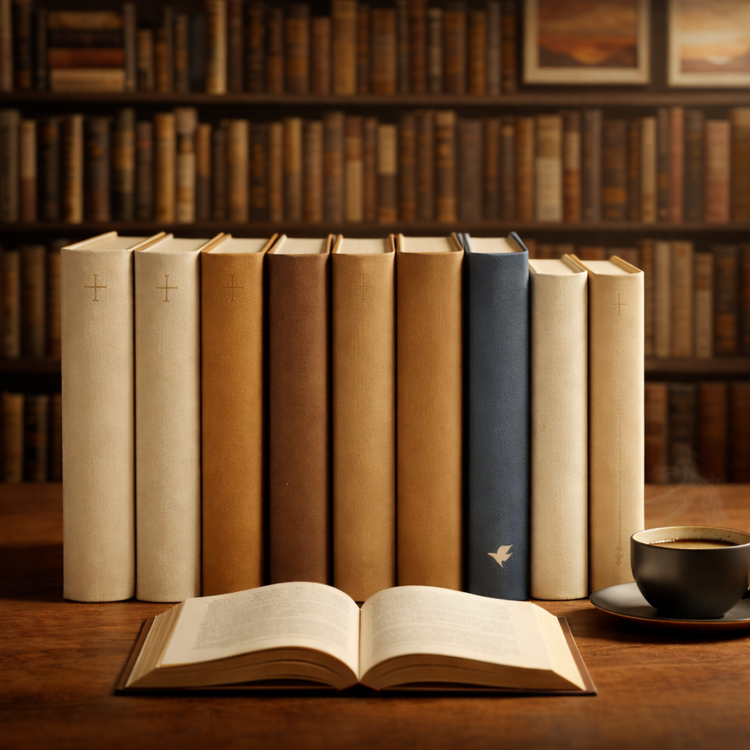 Seven hardcover books with neutral-colored covers arranged on a wooden table in a softly lit library setting.”