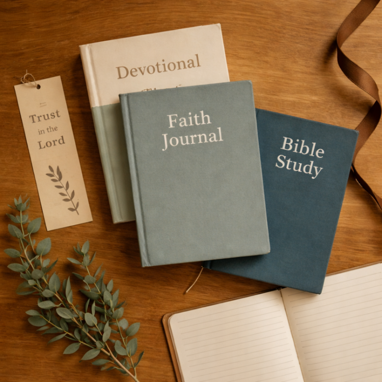Faith-based book bundle featuring a devotional, Bible study, journal, and Christian bookmark on a wooden table