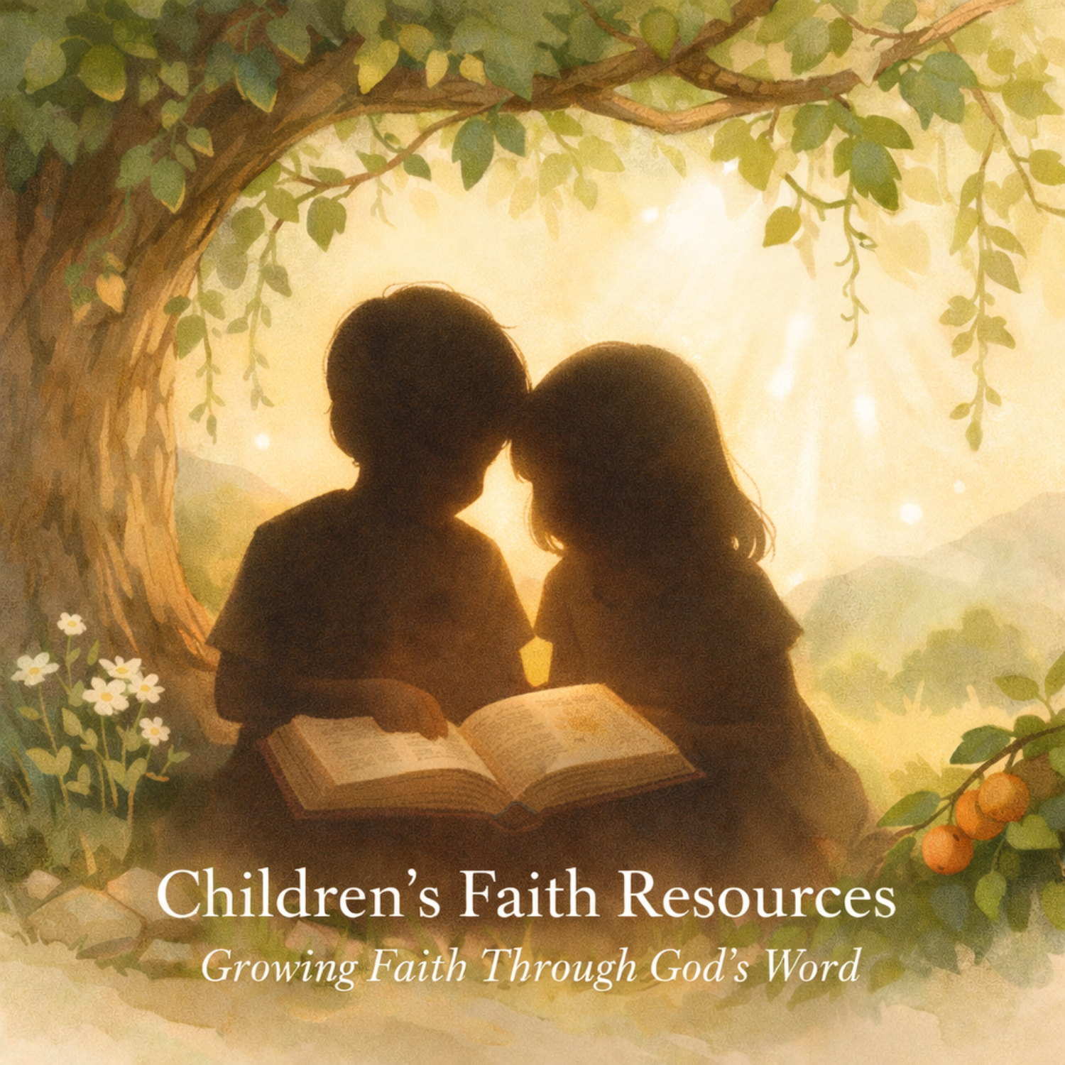 Soft silhouette of two children reading an open Bible under a tree, with gentle vines and warm light symbolizing faith growing naturally.