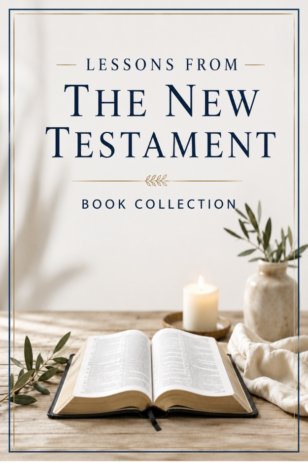 Lessons from the New Testament Book Collection featuring an open Bible, olive branches, and a softly glowing candle in a peaceful neutral setting.