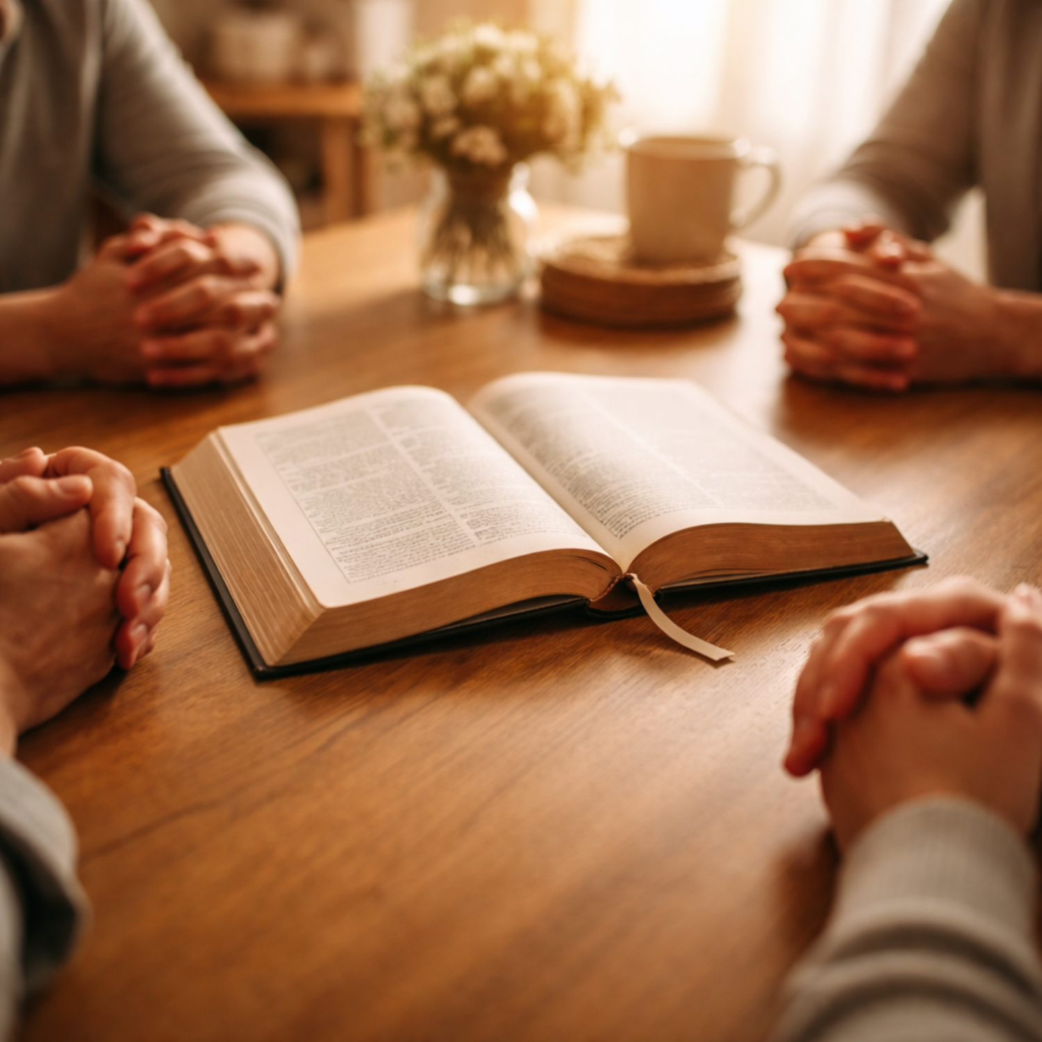 Open Bible on a family table with several hands folded in prayer, representing faith-based guidance for families