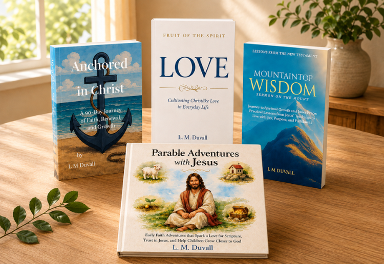 Featured Christian books by L. M. Duvall, including Anchored in Christ, Fruit of the Spirit: LOVE, Mountaintop Wisdom, and Parable Adventures with Jesus.
