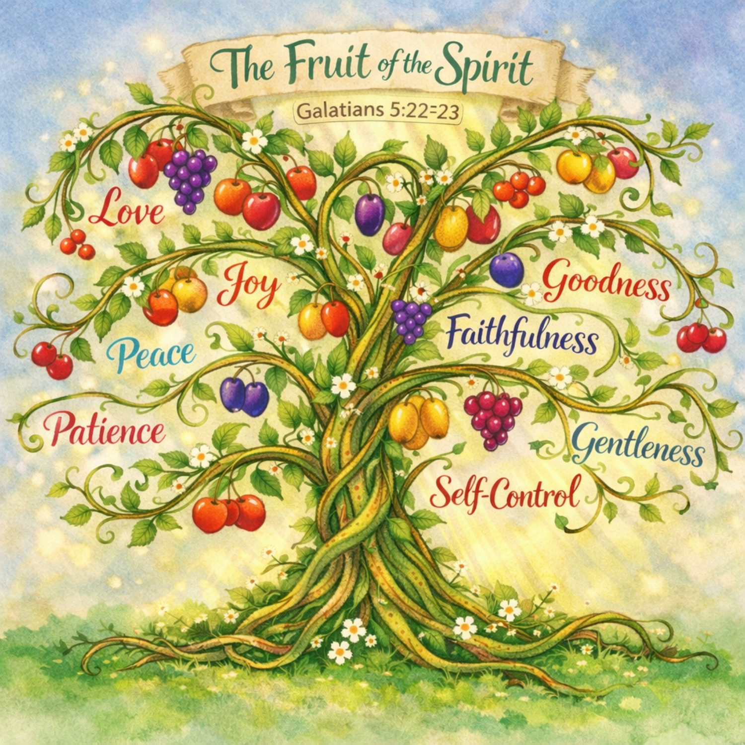 Watercolor illustration of a vine tree labeled with the Fruit of the Spirit virtues from Galatians 5:22–23.