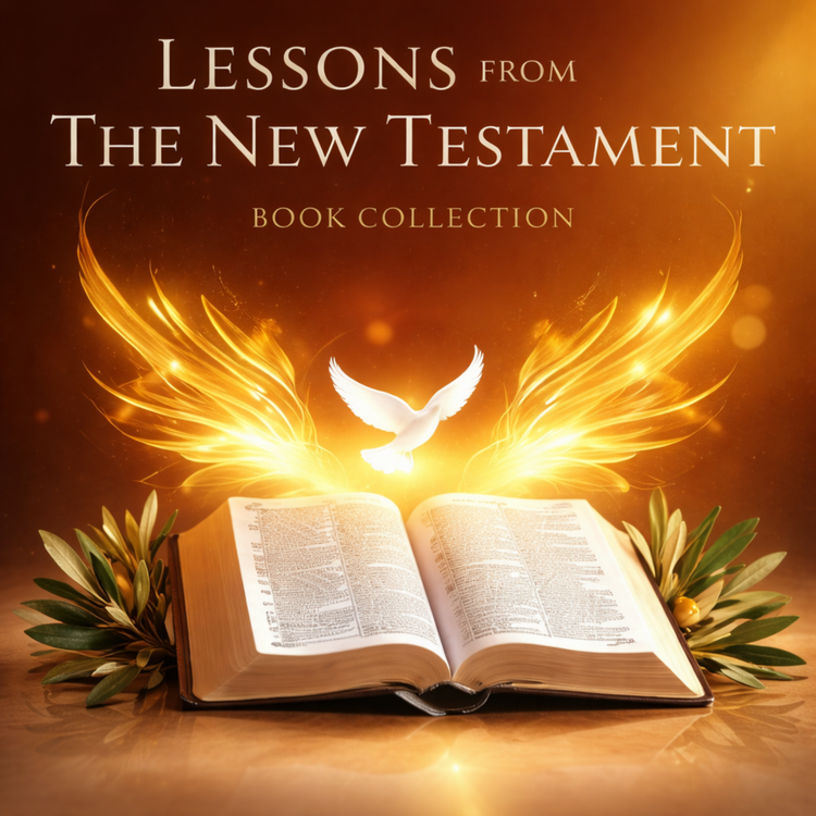 Lessons from the New Testament book collection featuring an open Bible, glowing dove, and radiant golden light