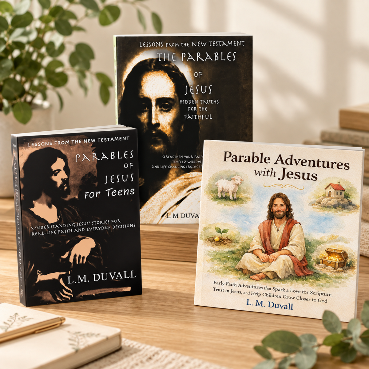 Parables of Jesus Christian books by L. M. Duvall for adults, teens, and children displayed together on a warm wooden tabletop.