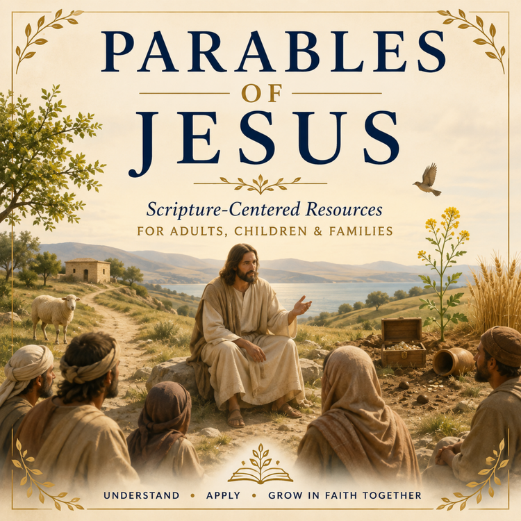 Parables of Jesus collection featuring Jesus teaching outdoors, with symbols from His parables and Scripture-centered resources for adults, children, and families.