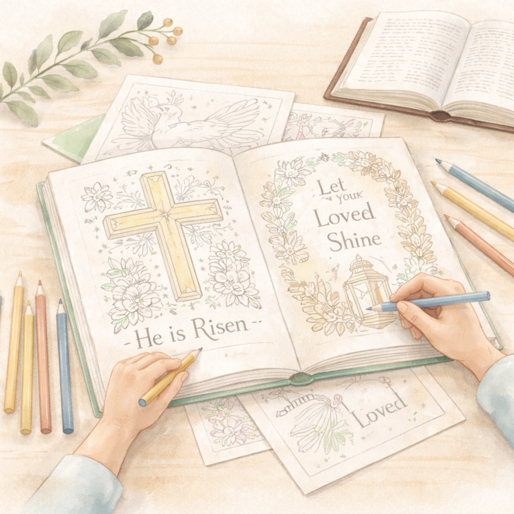 Watercolor illustration of faith-based coloring and reflection pages with a Bible and colored pencils, representing seasonal Christian activities.