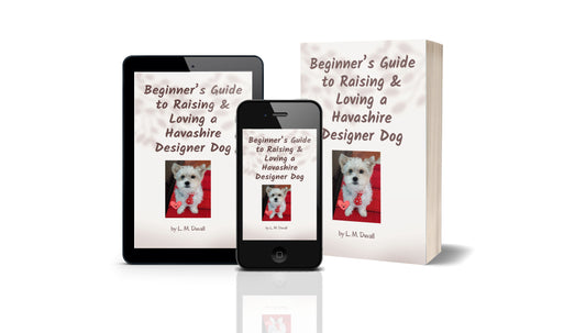 3D mockup of "Beginner’s Guide to Raising & Loving a Havashire Designer Dog" by L. M. Duvall, displayed on a tablet, smartphone, and paperback, featuring a small white dog with a red bowtie on the cover.