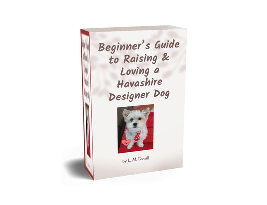 Book titled 'Beginner's Guide to Raising & Loving a Havashire Designer Dog' on a white background