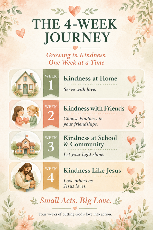 Small Acts. Big Love. 4-week children’s devotional journey featuring kindness at home, with friends, at school and community, and like Jesus.