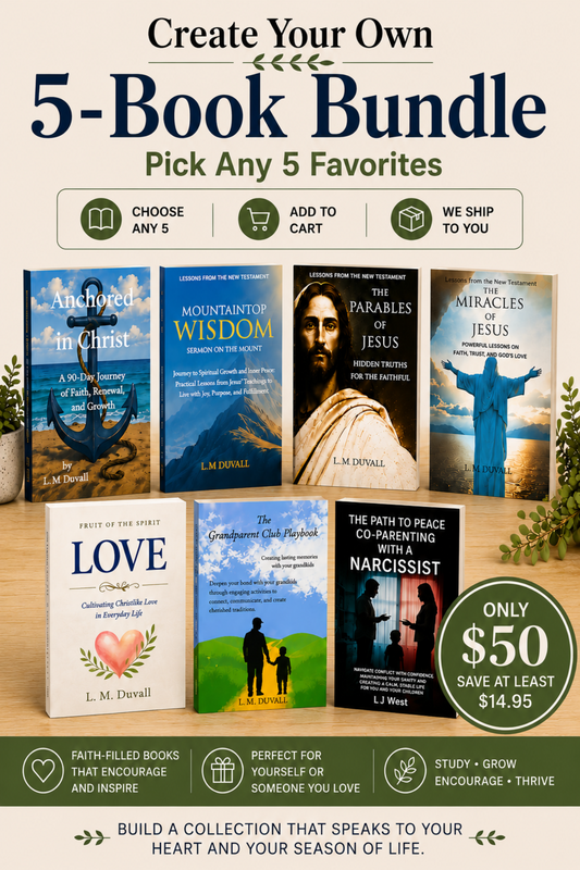 Create Your Own 5-Book Bundle featuring seven Christian books by L. M. Duvall, with customers choosing any five for $50.