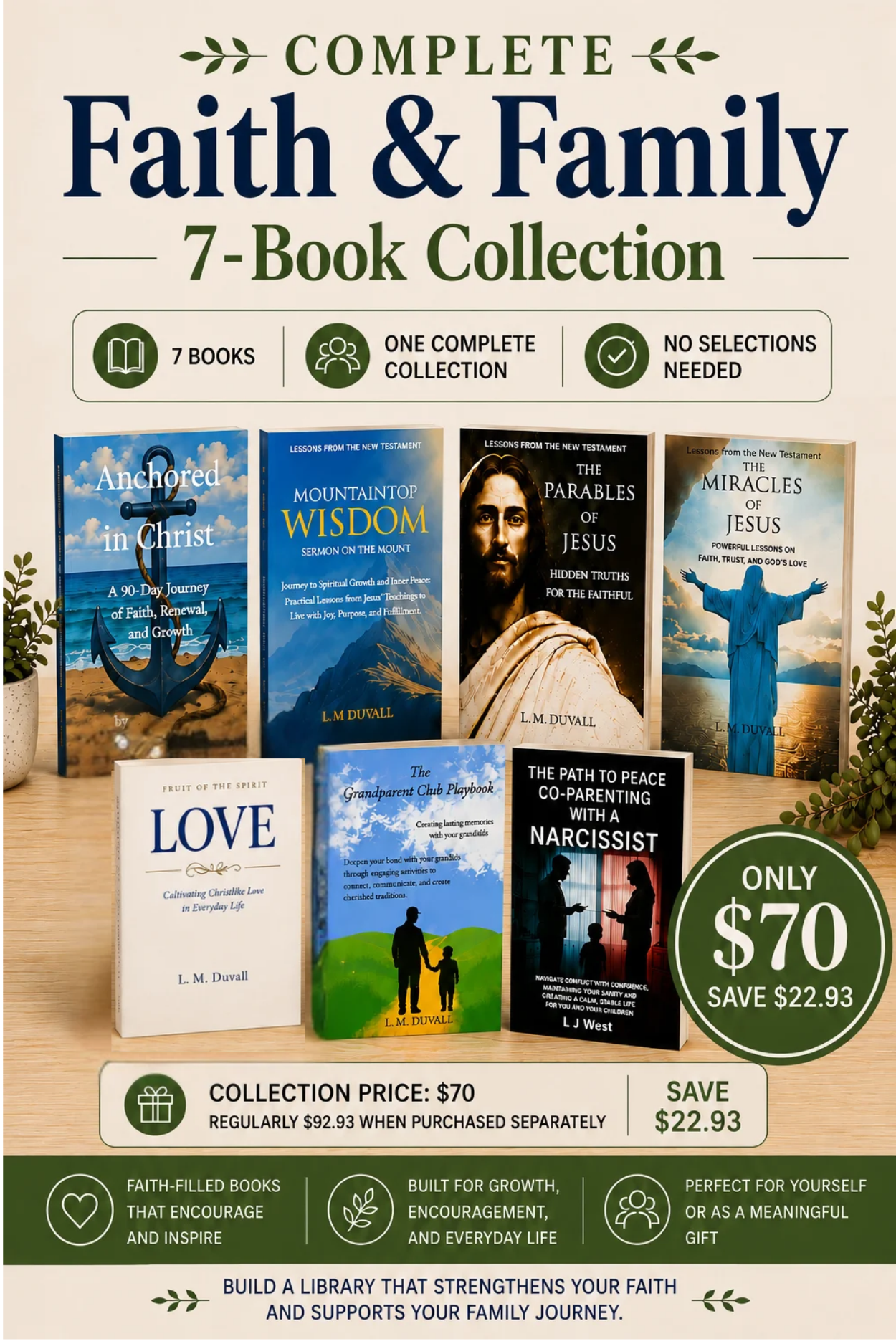 Complete Faith & Family 7-Book Collection featuring seven Christian books by L. M. Duvall for $70, with no selections needed.