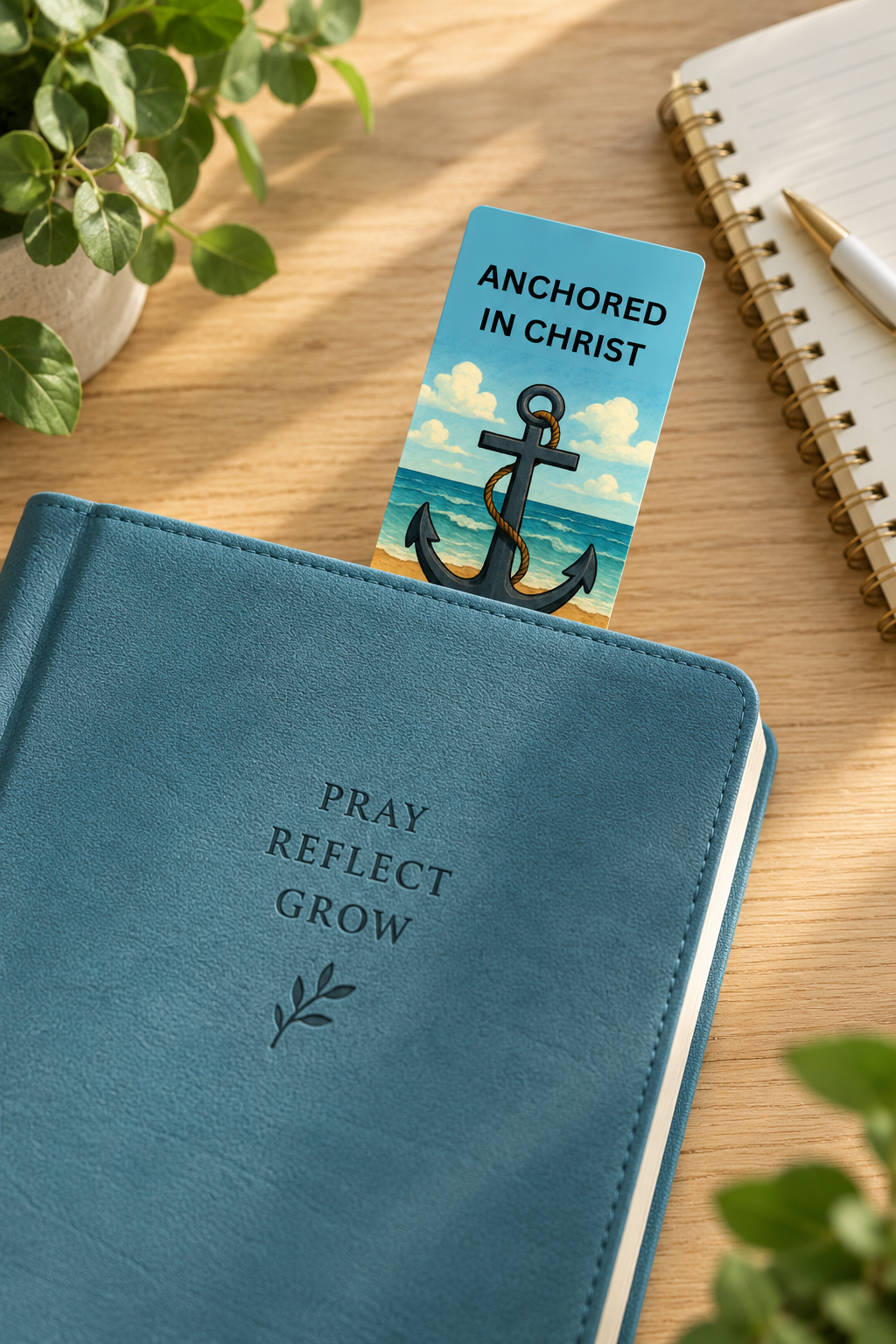 Anchored in Christ Hebrews 6:19 printable bookmark tucked inside a blue devotional journal on a wooden table.