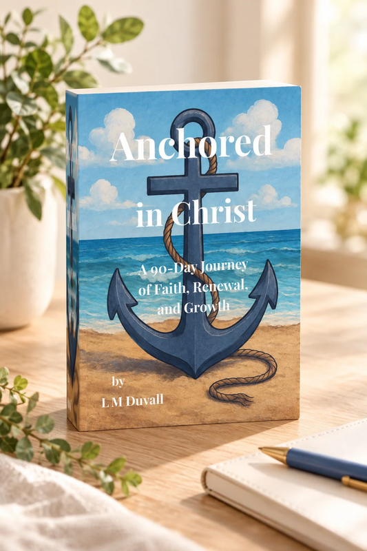 Anchored in Christ: A 90-Day Journey of Faith, Renewal, and Growth by L. M. Duvall. Christian devotional paperback featuring a blue ocean and anchor cover, displayed on a light wooden tabletop with soft natural lighting, greenery, a neutral journal, and a pen.